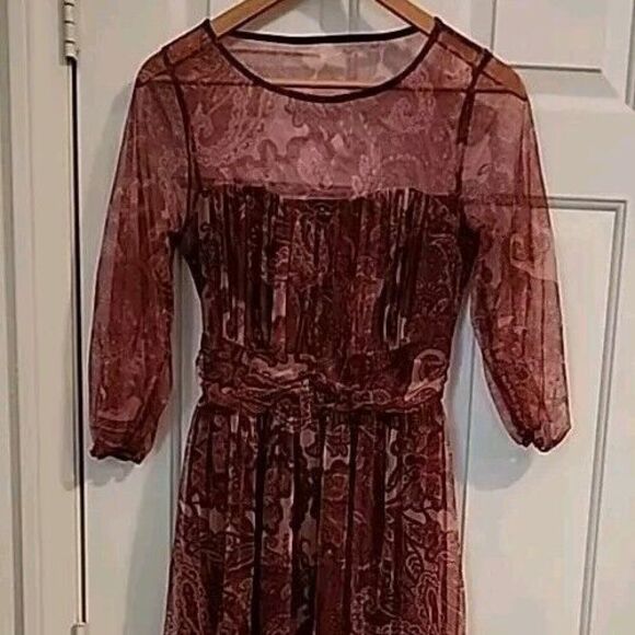 Candalite Burgandy Dress Small Maroon  Sheer Bohemian Red Cottage Core Maxi - Picture 5 of 8